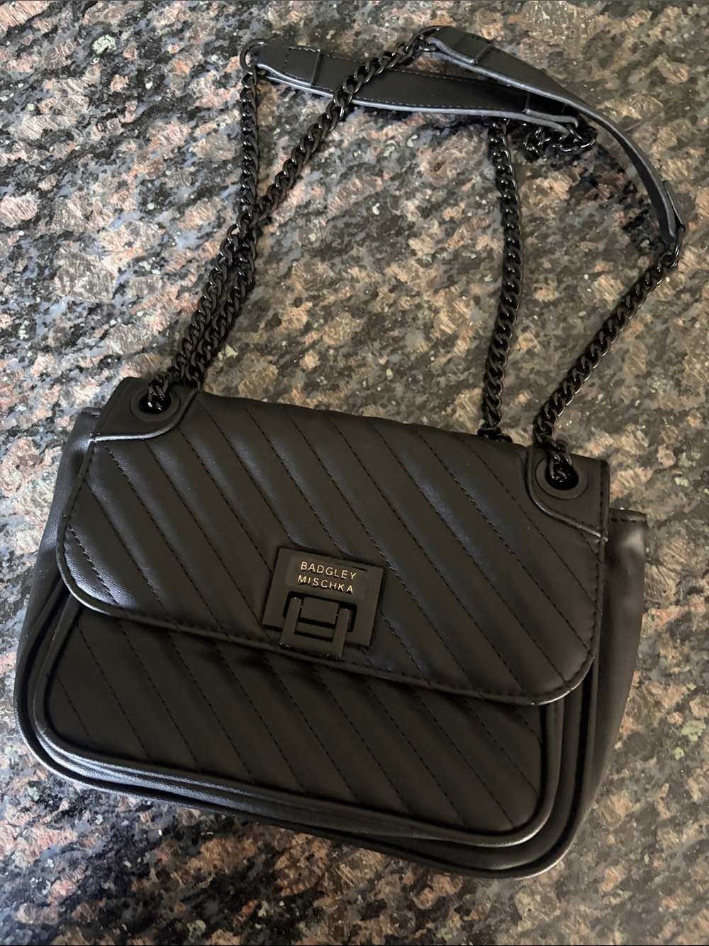 Badgley Mischka Black Quilted Flap Shoulder Bag with Chain Strap